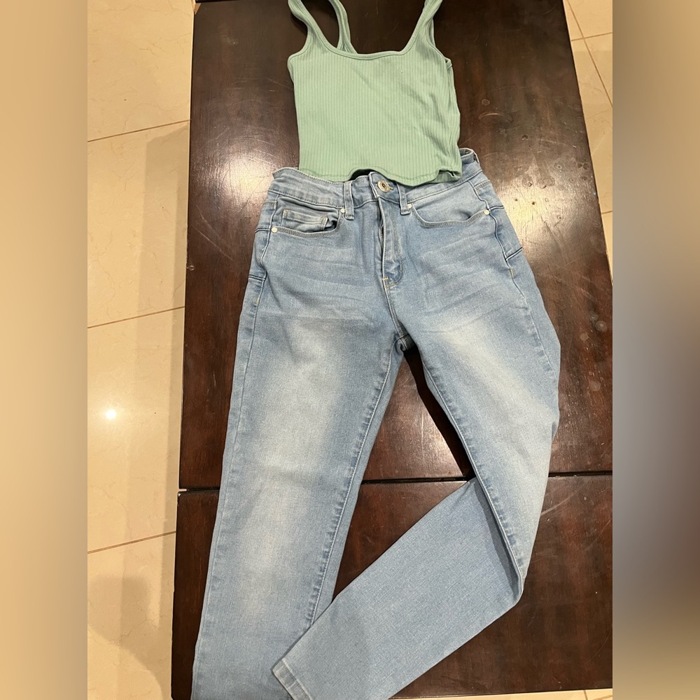2 set a cyan tank top crop top with high rise denim pants